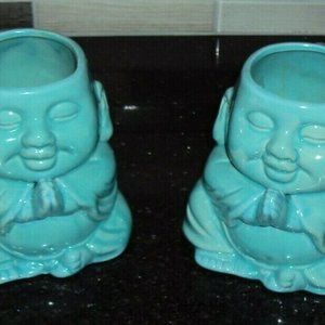 2 MERITAGE AQUA Seafoam Praying  BUDDHA MUGS